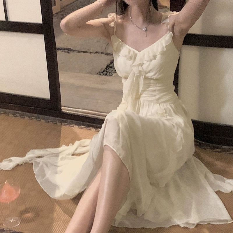 French style Gentle Wind Fairy Skirts First Love Temperament Fairy Immortal Mori look Seaside Vacation Sling Waist Hugging