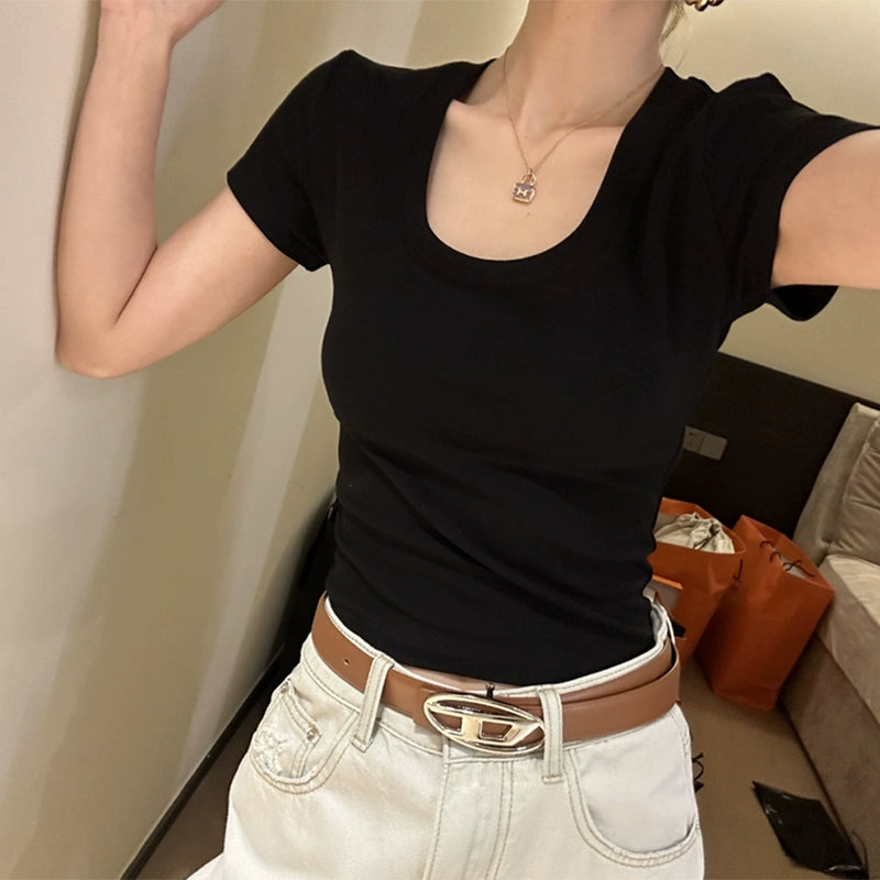 White U-Neck Shoulder Short Sleeve T-shirt Women's Summer Slim Fit Skinny Slimming and Short White T Half Sleeve Tops Cotton T-shirt