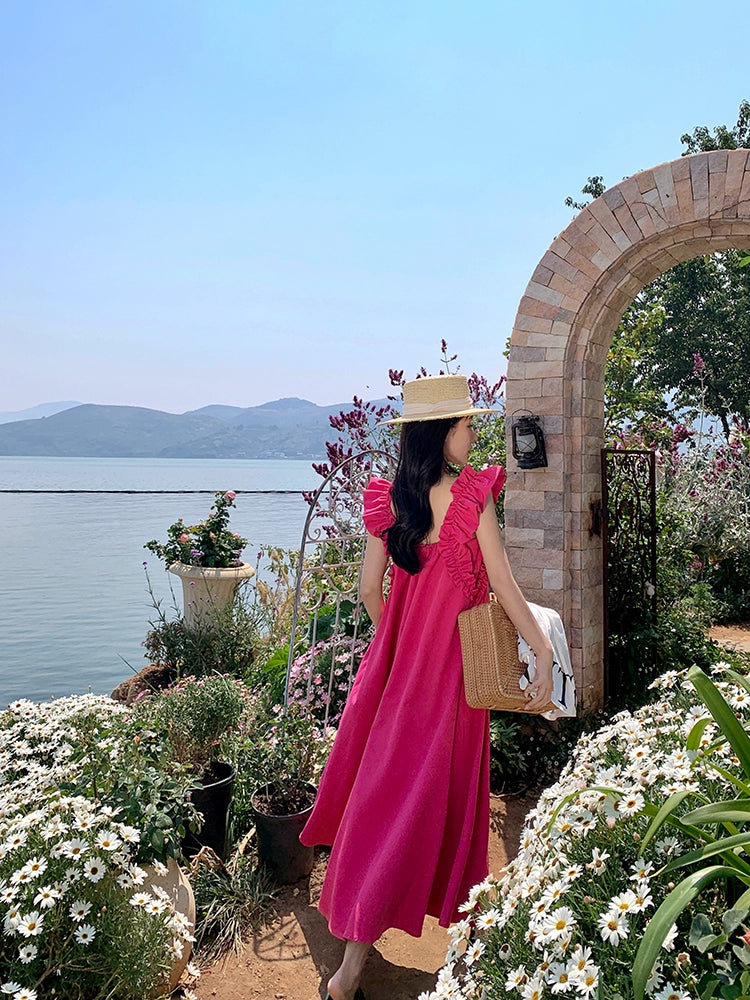 Rose Red White Loose Dopamine Sanya Dress