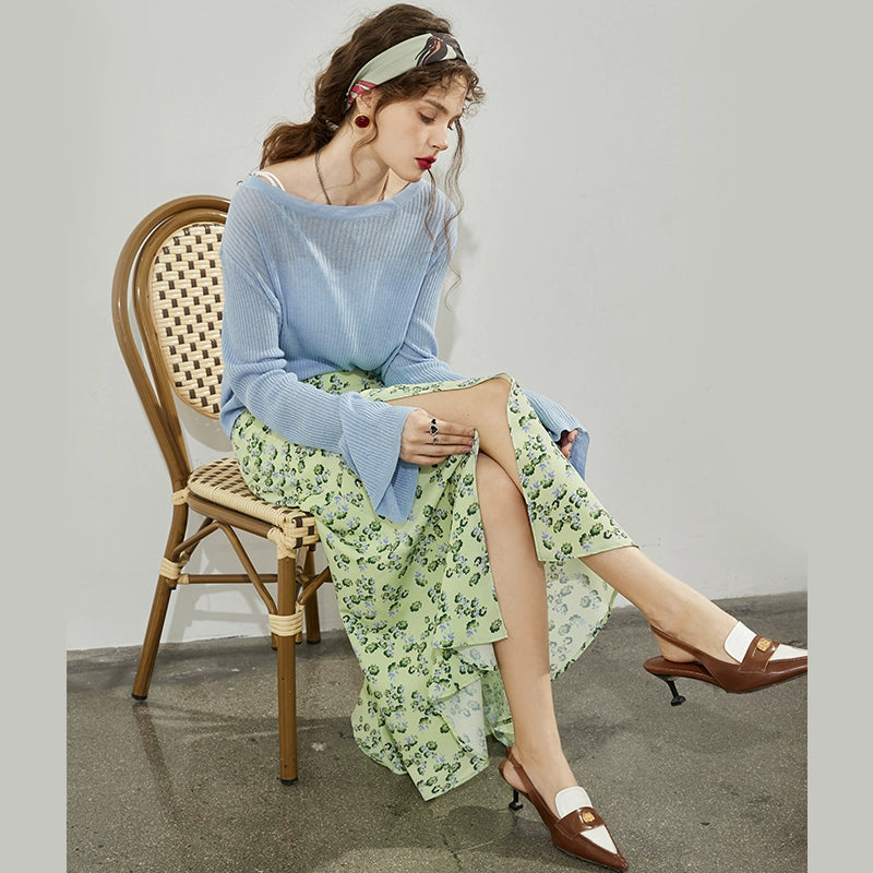Elf Sack Mid Length Long Length Elegant Floral Skirt