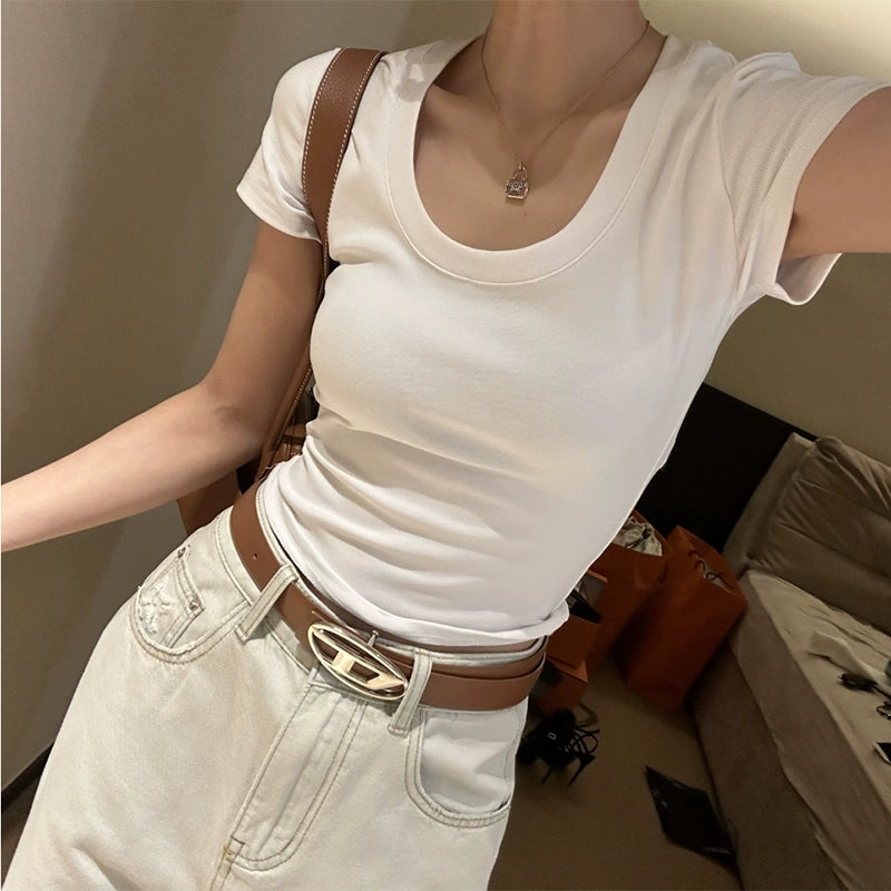 White U-Neck Shoulder Short Sleeve T-shirt Women's Summer Slim Fit Skinny Slimming and Short White T Half Sleeve Tops Cotton T-shirt