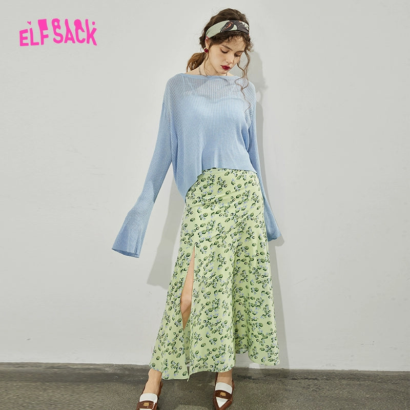 Elf Sack Mid Length Long Length Elegant Floral Skirt