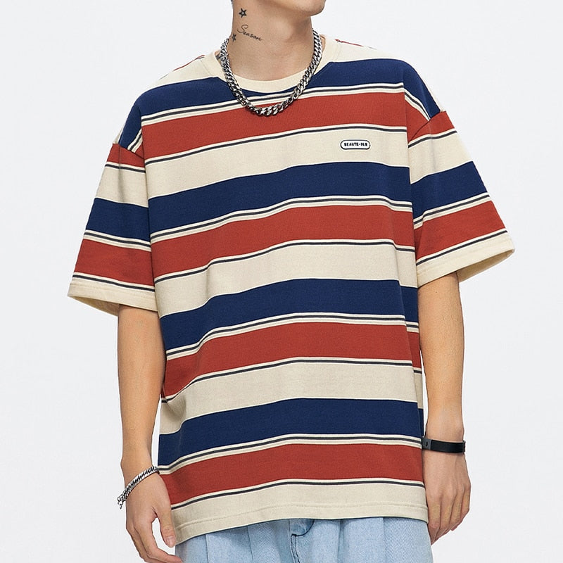 Main Striped Couples T-shirts For Men And Women In The Summer Of New Loose Contrast Color Short Sleeve Best Seller
