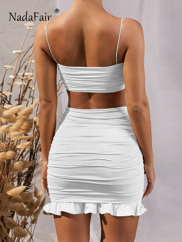 Nadafair Sexy Summer Two Piece Set Women Outfit Strap White Crop Top And Bodycon Skirt Ruffles Ruched Mini Party Club Women Set