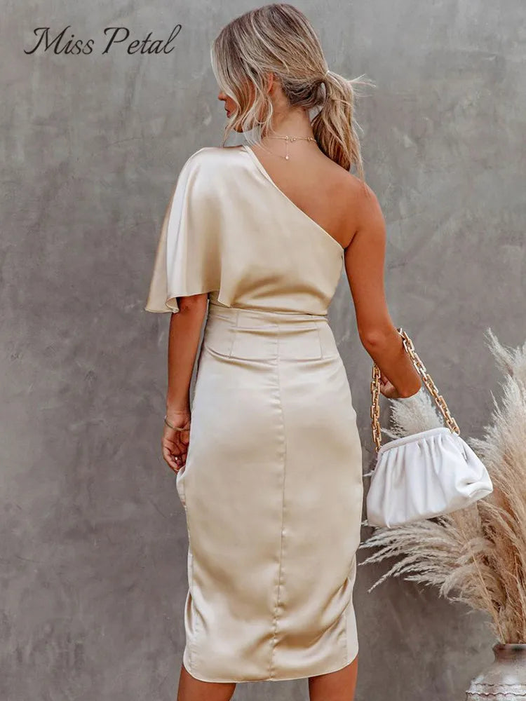 Satin One Shoulder Irregular Hem Midi Dress For Women Solid Champagne Sexy Fitted Club Party Bodycon Dress 2023 Summer Sundress