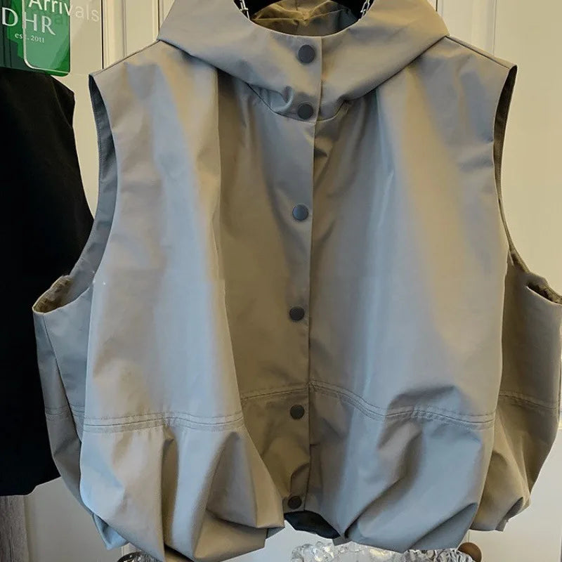 2024 Fashion Hooded Sports Casual Style Vest Coat Windbreaker Women's Loose Casual Autumn Wear New Style