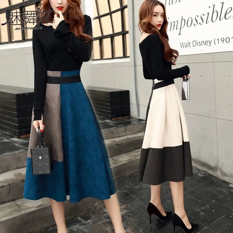 Spring Autumn New High Waist Contrast A-line Skirt All-match Zipper Loose Trend Skirts Vintage Elegant Temperament Women Clothes