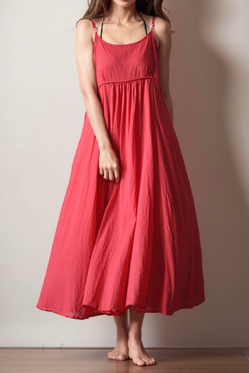 Fresh Red Cotton A- line Strap Dress