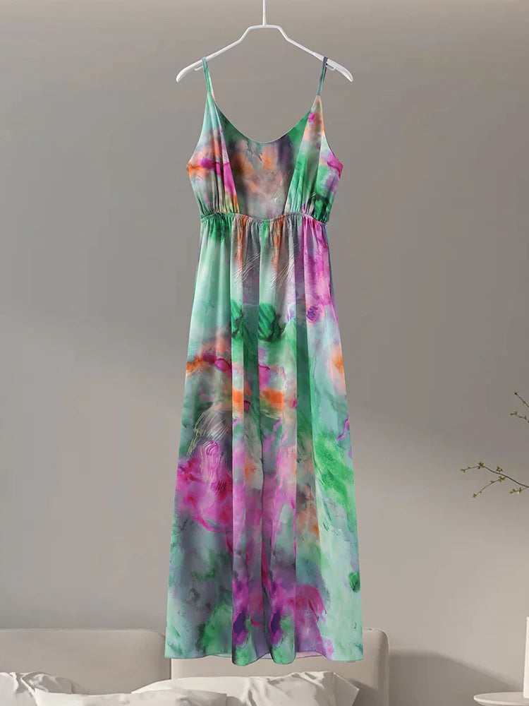 Print Long Dress For Women Sexy Off Shoulder Backless Tie-dye Suspender Female Dresses 2 Piece Slash Neck Vacation Lady Robes
