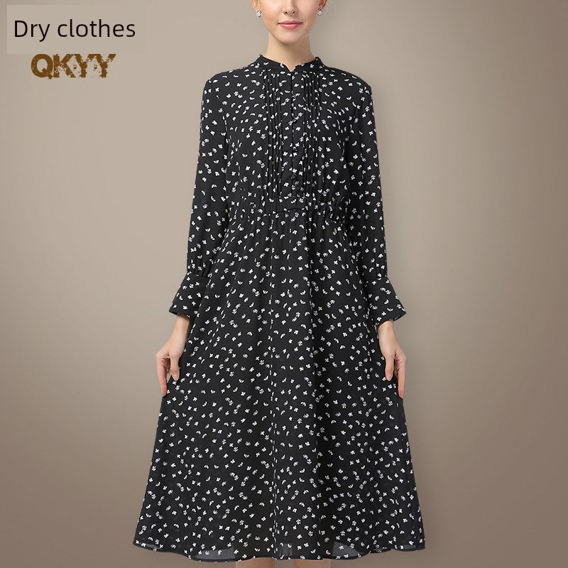 European Style Stand Collar Elastic Waist Dress Chiffon Shirt
