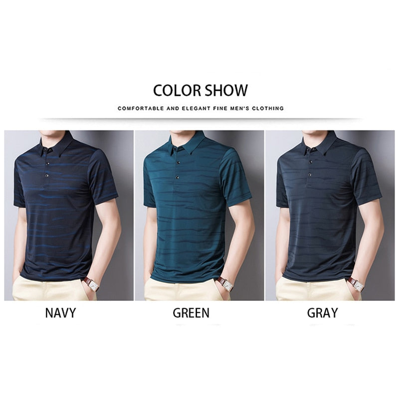 BROWON Fashion Striped Men Tshirt SummerThin Breathable Turn-down Collar Male Tees Short Sleeve Business Work Plus Size Tops