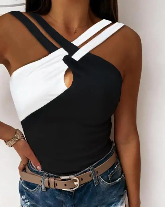 Fashion 2023 Casual Summer Sexy Sleeveless Colorblock Crisscross Halter Skinny Tank Top Female Clothes T-Shirts Pullover Tops