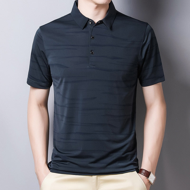BROWON Fashion Striped Men Tshirt SummerThin Breathable Turn-down Collar Male Tees Short Sleeve Business Work Plus Size Tops