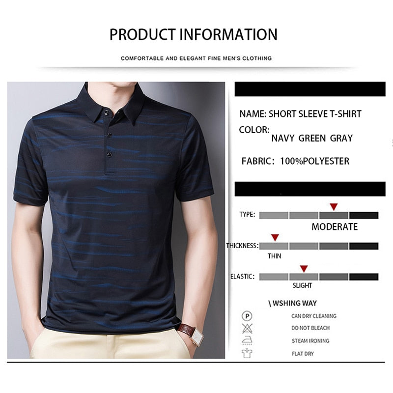 BROWON Fashion Striped Men Tshirt SummerThin Breathable Turn-down Collar Male Tees Short Sleeve Business Work Plus Size Tops