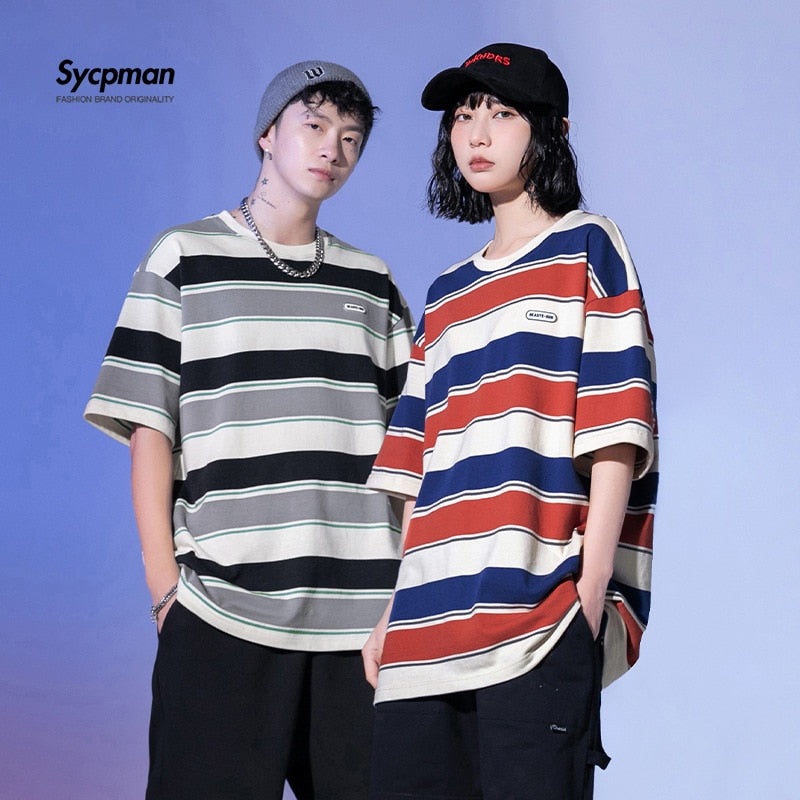 Main Striped Couples T-shirts For Men And Women In The Summer Of New Loose Contrast Color Short Sleeve Best Seller