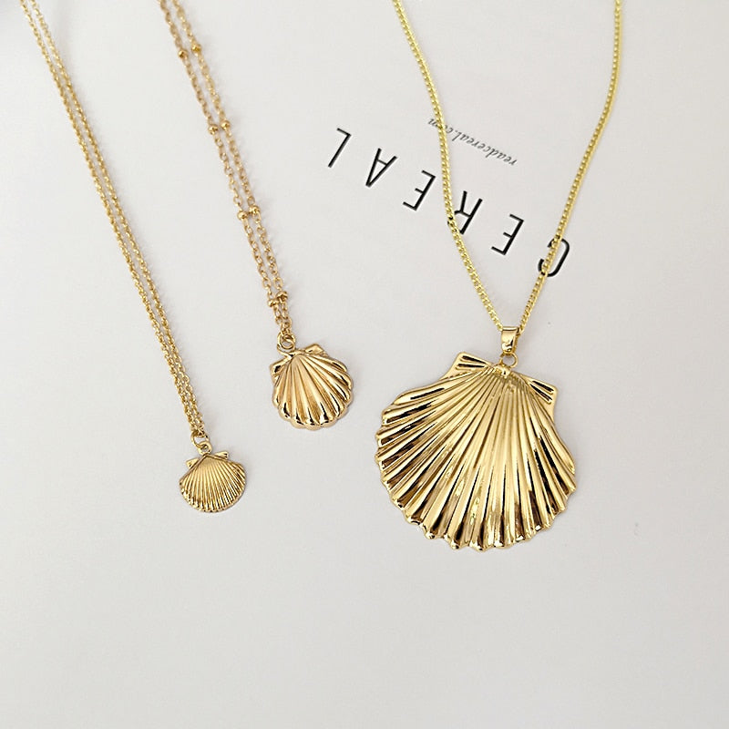 Peri'sbox 3 Sizes Gold Color Shell Necklace Fan Shape Pendant Necklaces Boho Necklace Delicate Ocean Gift Woman Collares De Moda
