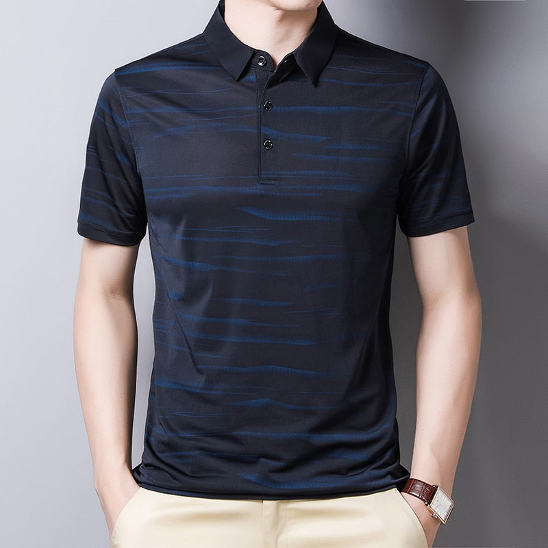 BROWON Fashion Striped Men Tshirt SummerThin Breathable Turn-down Collar Male Tees Short Sleeve Business Work Plus Size Tops