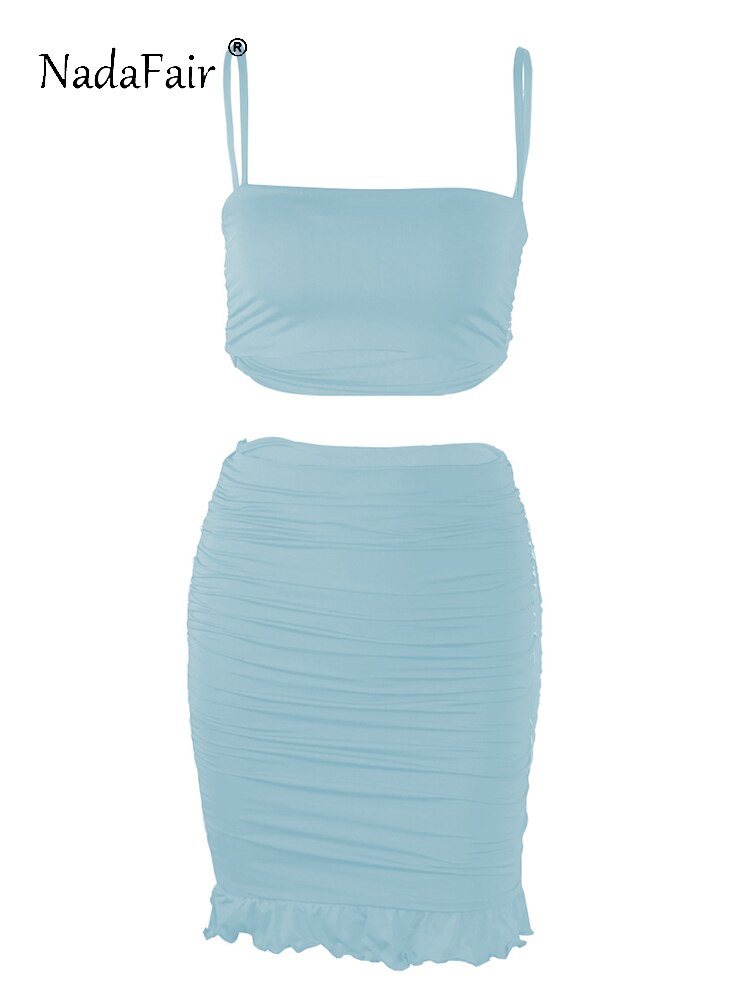 Nadafair Sexy Summer Two Piece Set Women Outfit Strap White Crop Top And Bodycon Skirt Ruffles Ruched Mini Party Club Women Set