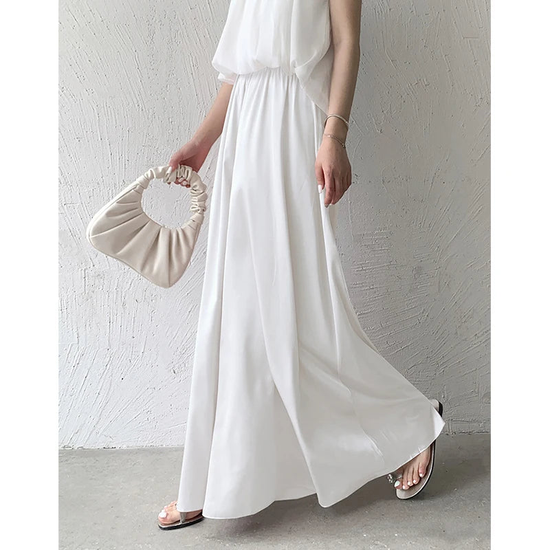 Women's Y2K Clothes White Ice Silk Wide Leg Pants Women Summer High Waist Loose Big Swing Dress Trousers Casual Korean Style
