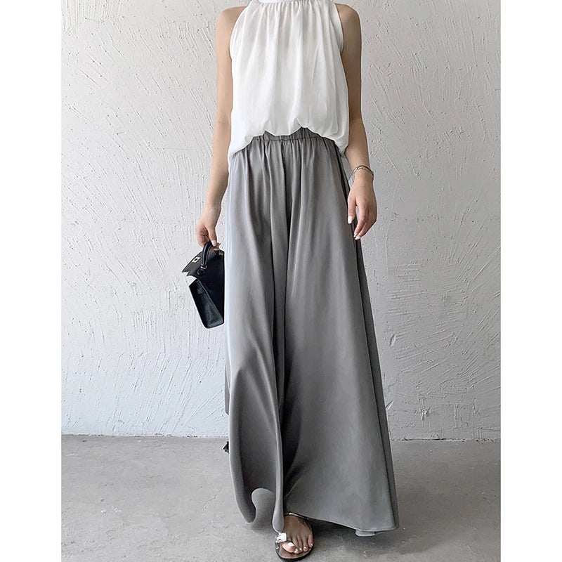 Women's Y2K Clothes White Ice Silk Wide Leg Pants Women Summer High Waist Loose Big Swing Dress Trousers Casual Korean Style