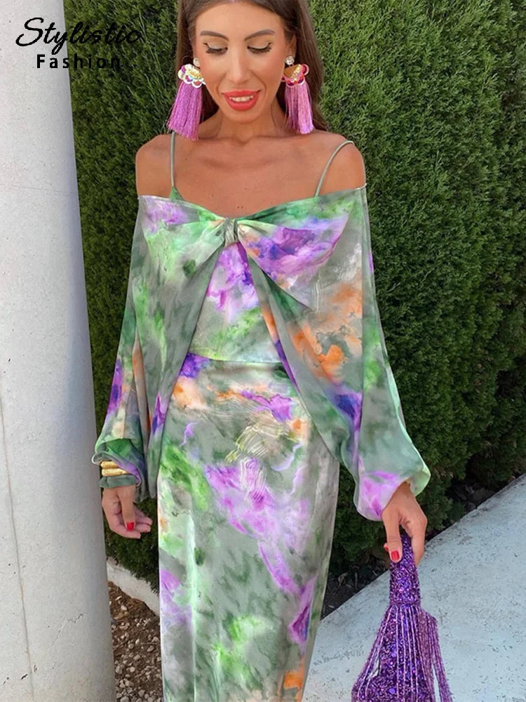 Print Long Dress For Women Sexy Off Shoulder Backless Tie-dye Suspender Female Dresses 2 Piece Slash Neck Vacation Lady Robes