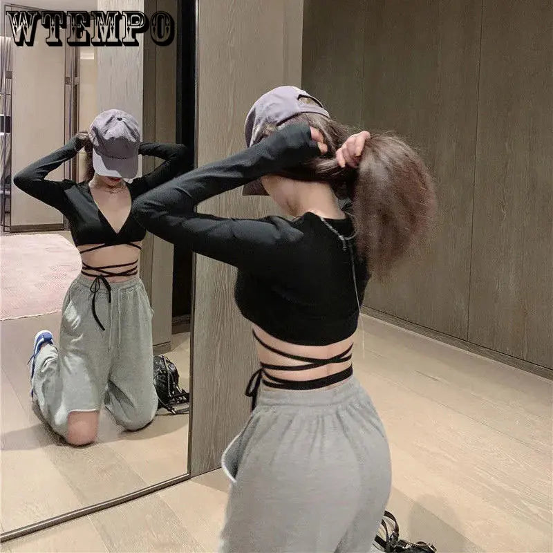 Women Crop Top Summer Long Sleeve Corset Y2k Tops Korean Tanktop Navel Tie Thin Black T-Shirt Ladies Boho Gothic Sexy Clothes