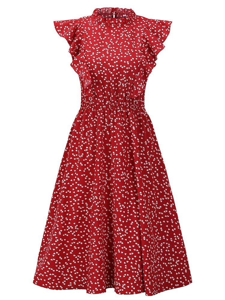Summer Women Dress Floral Print Ruffle A-line Sundress Casual Fitted Clothes To Knees 2023 Red Dresses For Women