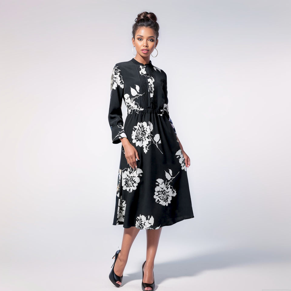 European Style Stand Collar Elastic Waist Dress Chiffon Shirt