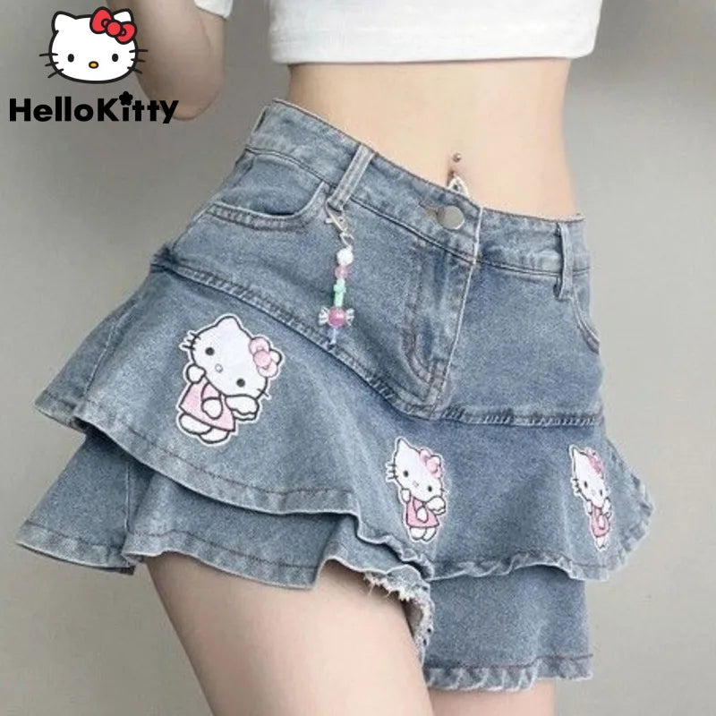Women Hello Kitty Kawaii Mini Skirt Y2k Hot Sweet Girl Print Denim Pleated Skirts Japanese Fashion Summer Sanrio Clothes 2023