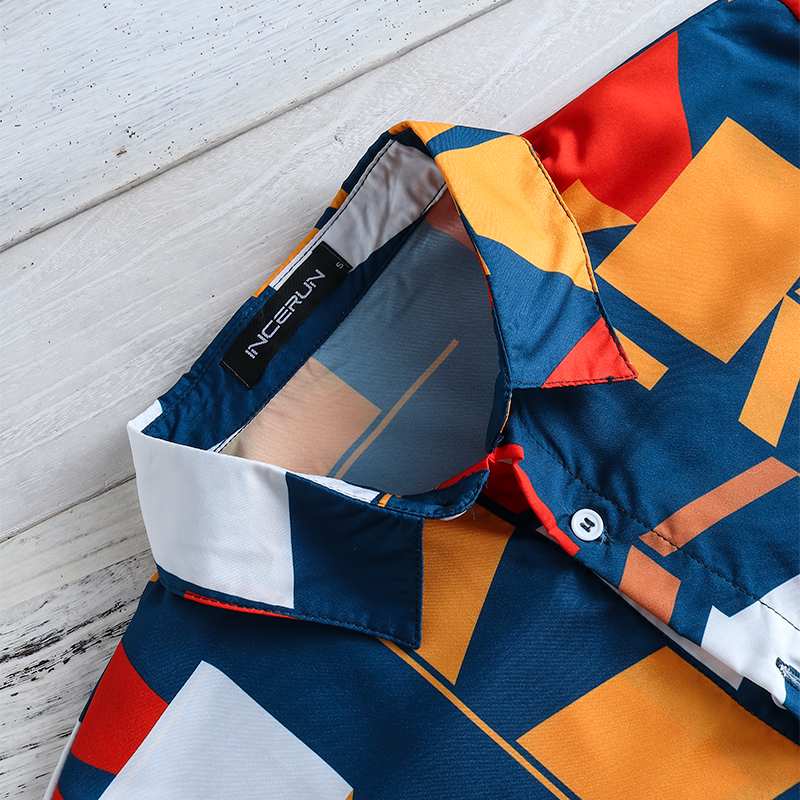 INCERUN Summer Men Beach Shirt Geometric Print Short Sleeve Lapel Neck Button Leisure Hawaiian Shirts Men 2023 Streetwear S-5XL