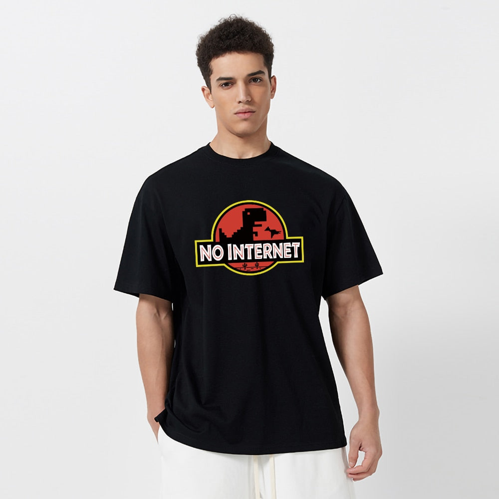 Cartoon Dinosaur tee shirt Printed No internet T shirt men dino tshirt funny Harajuku Tops Jurassic offline park Men's t-shirt