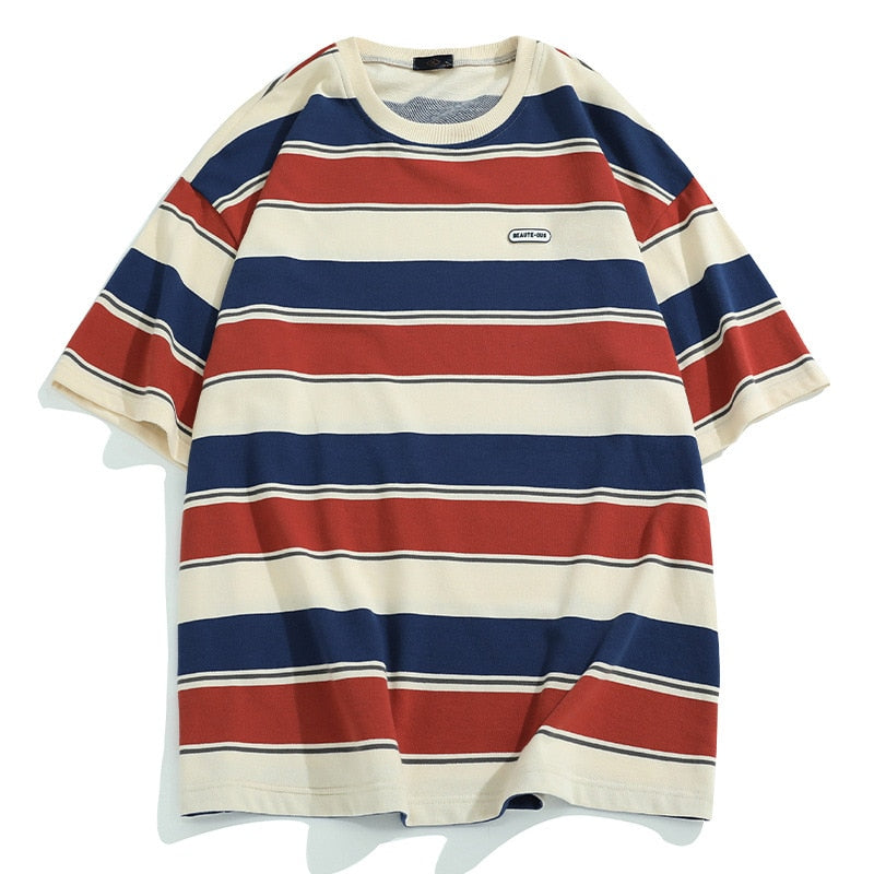 Main Striped Couples T-shirts For Men And Women In The Summer Of New Loose Contrast Color Short Sleeve Best Seller