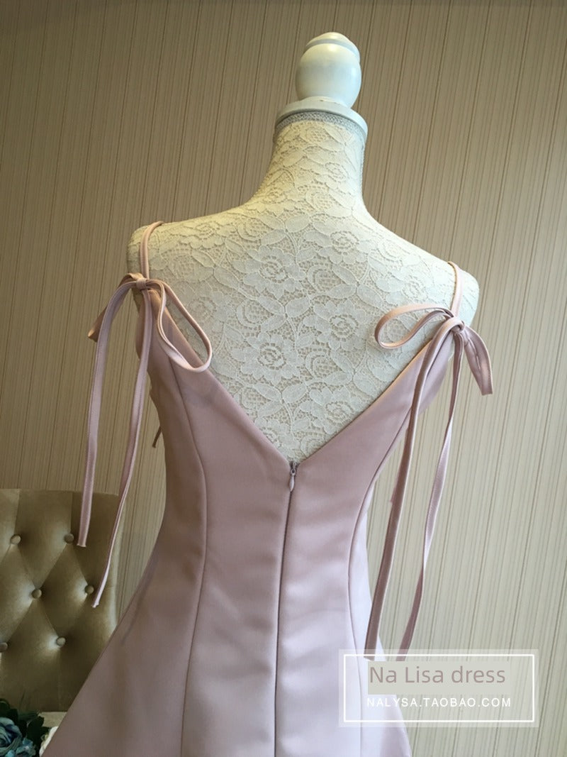 New V-neck Backless Slim Fit Sling Pink Skirt