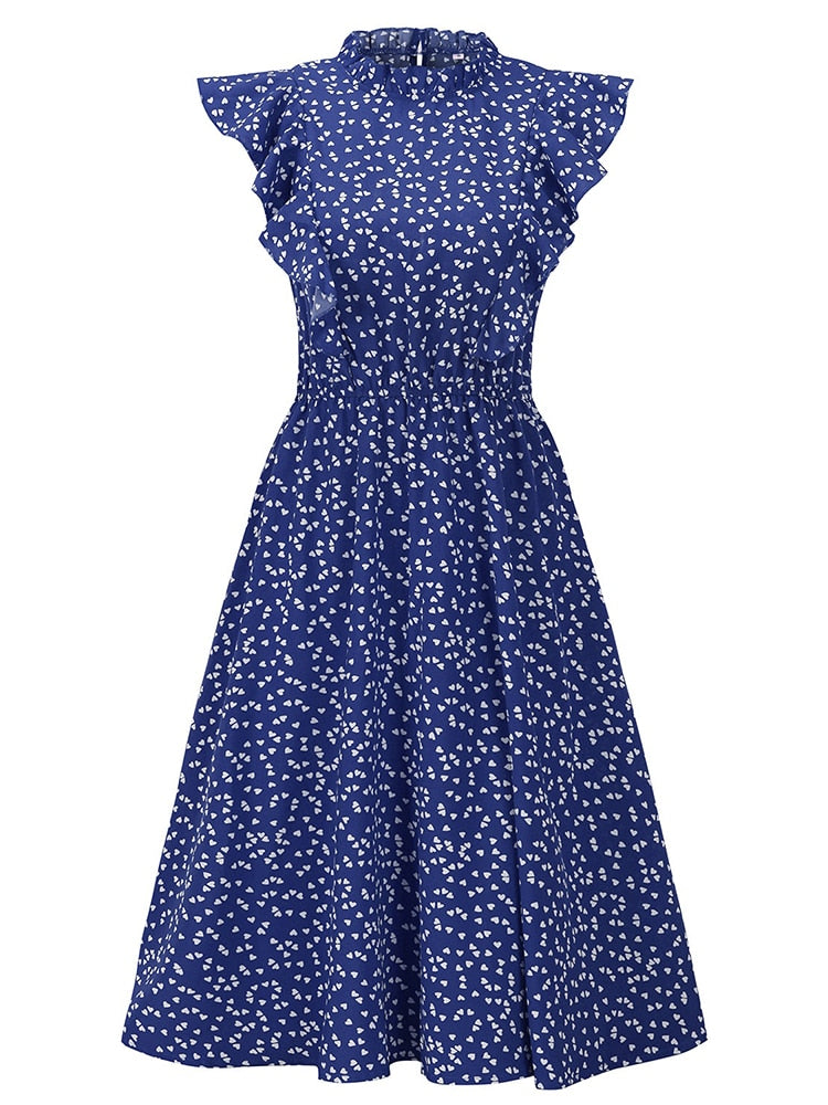 Summer Women Dress Floral Print Ruffle A-line Sundress Casual Fitted Clothes To Knees 2023 Red Dresses For Women