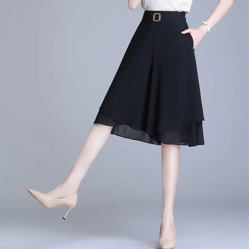 Summer Elegant Irregular Solid Color High Waist Wide Leg Women Clothes Temperament Pocket Elastic Waist Trousers Ladies Fashion