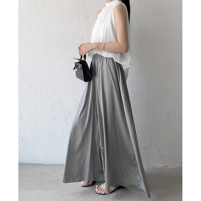 Women's Y2K Clothes White Ice Silk Wide Leg Pants Women Summer High Waist Loose Big Swing Dress Trousers Casual Korean Style