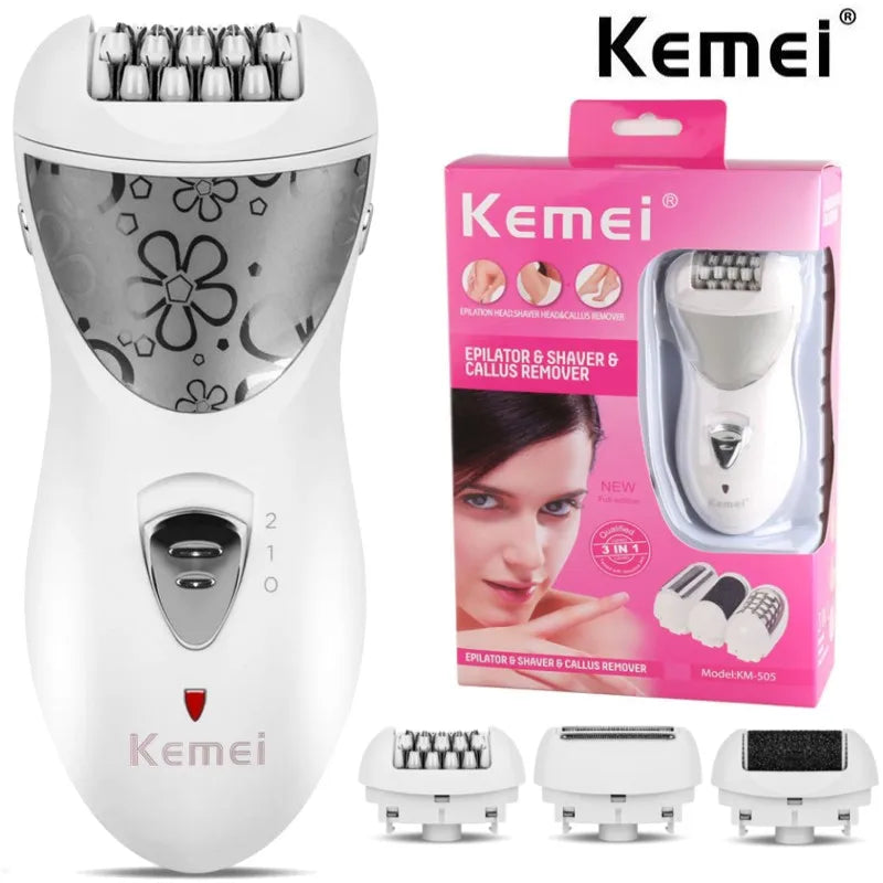 Kemei rechargeable 3 in 1 lady epilator hair shaver removal for women foot care electric hair callus remover device depilador