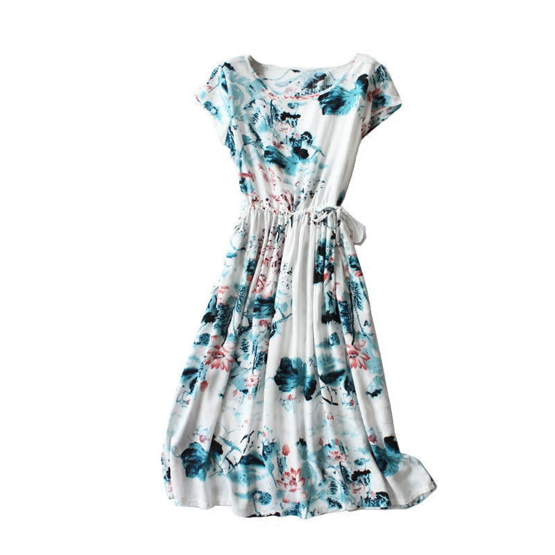 Bamboo Joint Pocket Chinese Ink Style Rayon Bourette Dress