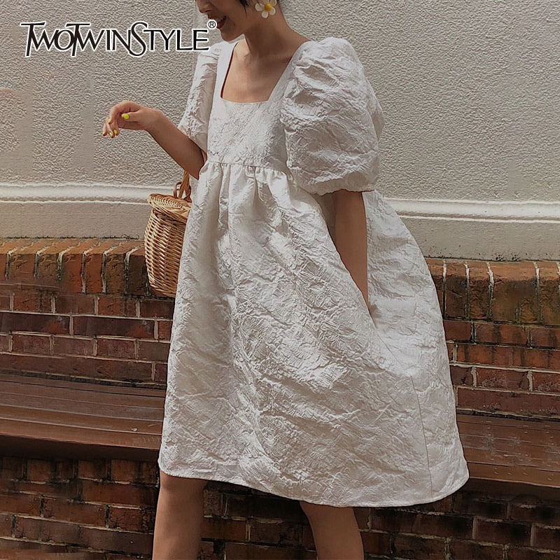 TWOTWINSTYLE 2020 New Summer And Autumn Fashion Women Clothes Hubble-bubble Sleeve Sqaure Collar Lantern Sleeves Pullover Dress