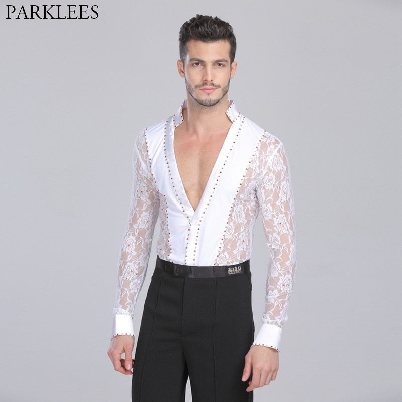 Men's Professional Latin Lace Shirts Deep V Neck Tuxedo Leotard Shirt Male Long Sleeve Salsa Samba Chacha Modern Dance Chemise