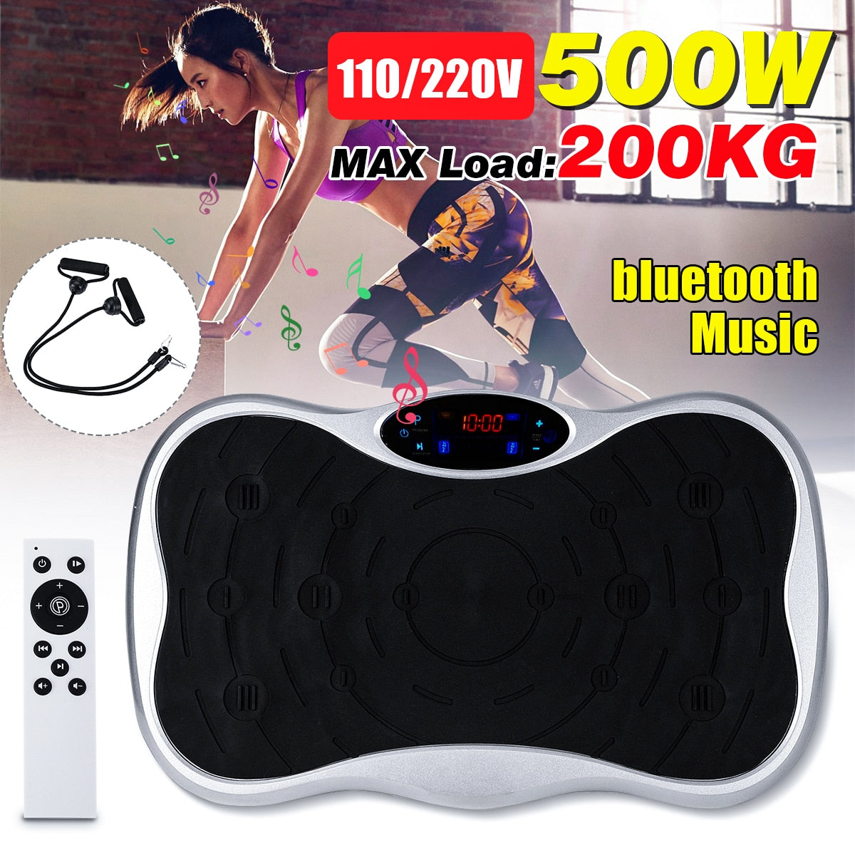 200KG/441LBS Exercise Fitness Slim Vibration Machine Trainer Plate Platform Body Shaper Remote Control with Resistance Bands US