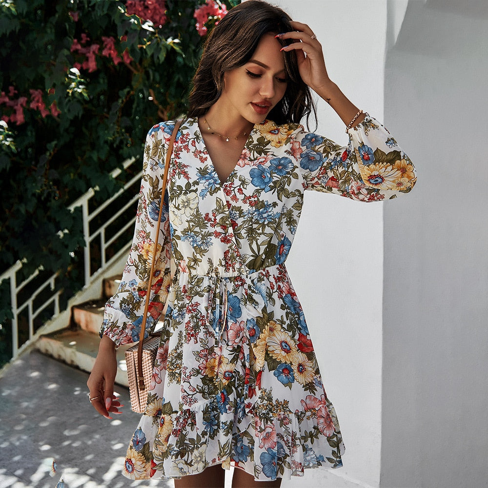 Ladies Floral Print Women Chiffon Dress Casual Slim Long Sleeve High Waist Short Mini Spring Summer Women Dress Vestidos Female
