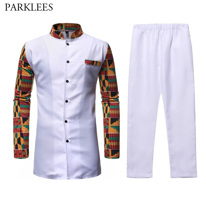 African Dashiki Shirt Top Pant Set 2 Piece Outfit Set African Men Clothes 2019 Brand New Long Sleeve Dashiki Shirt with Trouser
