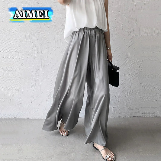 Women's Y2K Clothes White Ice Silk Wide Leg Pants Women Summer High Waist Loose Big Swing Dress Trousers Casual Korean Style