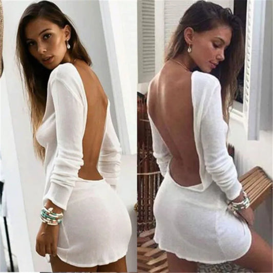 Women Sexy Backless Bodycon Mini Dress Solid Color Round Neck Long Sleeve Slim Fit Beach Dress Holiday Party Wear Streetwear