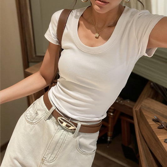 White U-Neck Shoulder Short Sleeve T-shirt Women's Summer Slim Fit Skinny Slimming and Short White T Half Sleeve Tops Cotton T-shirt