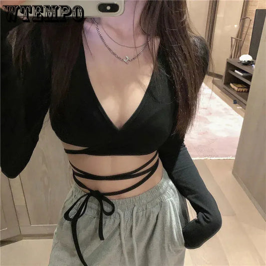 Women Crop Top Summer Long Sleeve Corset Y2k Tops Korean Tanktop Navel Tie Thin Black T-Shirt Ladies Boho Gothic Sexy Clothes