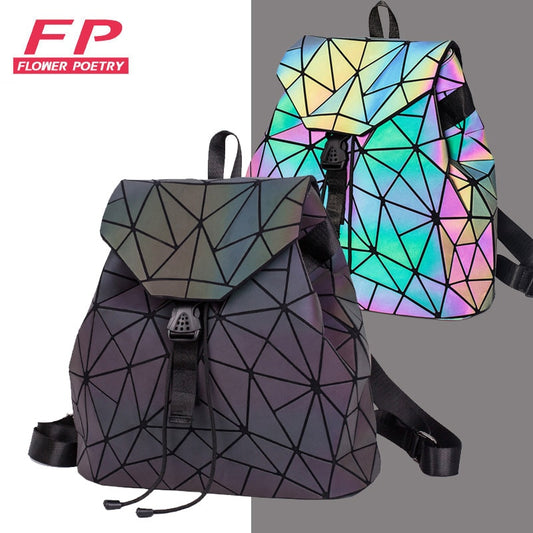 Backpacks Women Geometric Luminous Backpacks School Lattice Holographic Backpack PU Leather Female Bags Girl Travel Student Bag