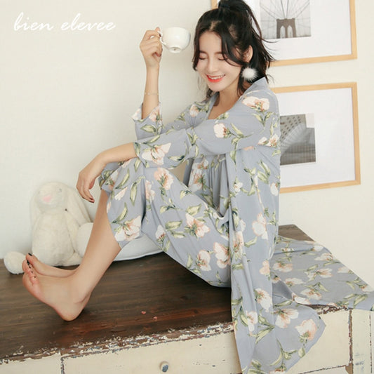 Women&#39;s Pajama Set Sleepwear Suit Long-Sleeve Underwear 3 Pieces Loungewear Floral Printing Pyjamas for Ladies Autumn Homewear